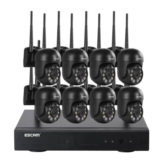 ESCAM 8-Channel Wireless Dome Camera Security System with eight black dome cameras and NVR for home or small business monitoring