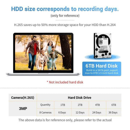 ESCAM 8-Channel Wireless Dome Camera Security System showing HDD storage chart, 6TB hard disk and recording days for 3MP cameras