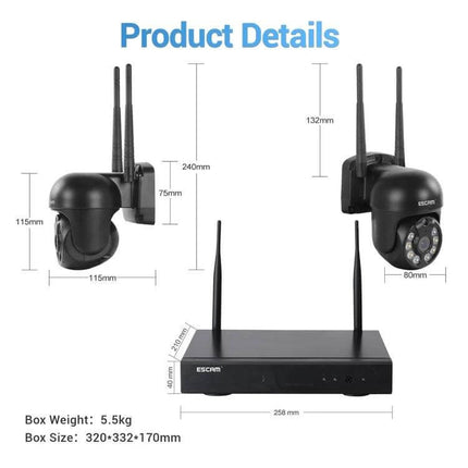 ESCAM 8-Channel Wireless Dome Camera Security System showing two dome cameras and 8-channel NVR for home and small business monitoring