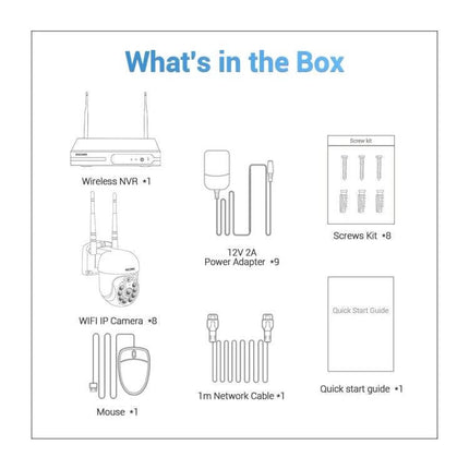 ESCAM 8-Channel Wireless Dome Camera Security System kit contents diagram showing NVR, dome camera, power adapter, cables, screws, mouse, and quick start guide