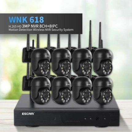 ESCAM 8-Channel Wireless Dome Camera Security System with 8 wireless black dome cameras and 8-channel NVR for home and small business monitoring