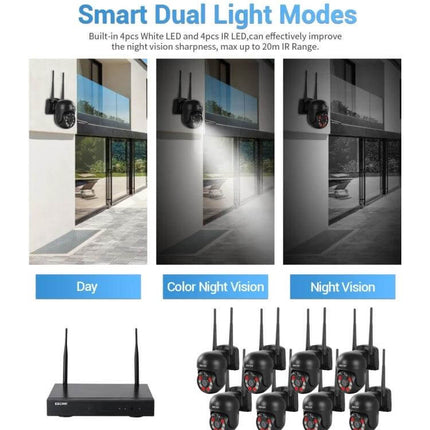 ESCAM 8-Channel Wireless Dome Camera Security System showing smart dual light modes with day, color night vision, night vision and eight dome cameras