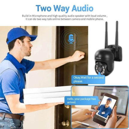 ESCAM 8-Channel Wireless Dome Camera Security System showing two-way audio with delivery person at door and mobile remote view