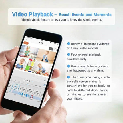ESCAM 8-Channel Wireless Dome Camera Security System mobile app playback showing four-channel split-screen and timeline for home monitoring