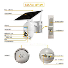 ESCAM QF450 1080P Solar-Powered 4G Security Camera with Two-Way Audio, PIR Detection, and Night Vision - AU Model