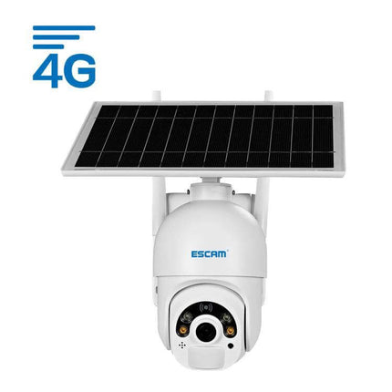 ESCAM Solar-Powered Outdoor IP Camera with Night Vision mounted with solar panel and 4G icon for driveway and garden surveillance