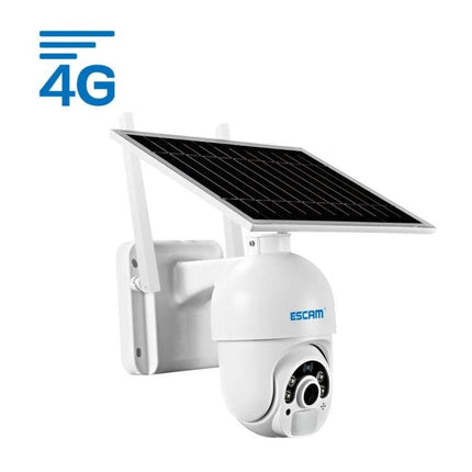 ESCAM Solar-Powered Outdoor IP Camera with Night Vision mounted with solar panel and 4G icon for weatherproof outdoor surveillance