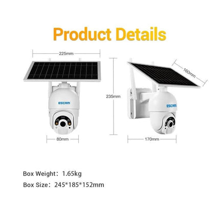 ESCAM Solar-Powered Outdoor IP Camera with Night Vision showing solar panel, dimensions and wall mount for outdoor surveillance