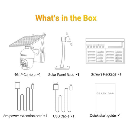 ESCAM Solar-Powered Outdoor IP Camera with Night Vision product box contents diagram showing camera, solar panel base, screws, cables, and quick start guide