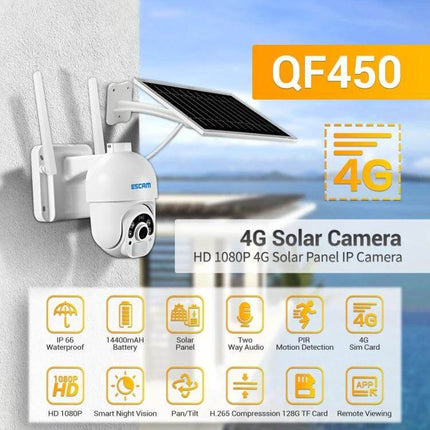 ESCAM Solar-Powered Outdoor IP Camera with Night Vision mounted with solar panel showing 4G connectivity and outdoor security features