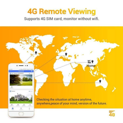 ESCAM Solar-Powered Outdoor IP Camera with Night Vision showing 4G remote viewing world map and smartphone app for home surveillance
