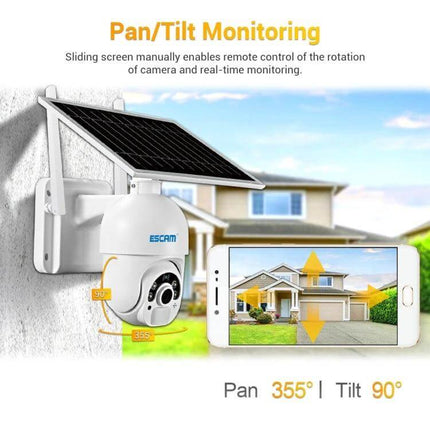 ESCAM Solar-Powered Outdoor IP Camera with Night Vision mounted with solar panel showing pan 355° tilt 90° and smartphone live view