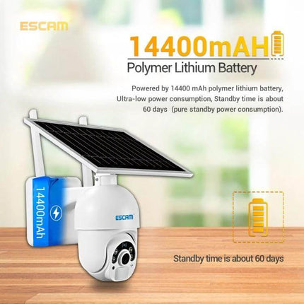 ESCAM Solar-Powered Outdoor IP Camera with Night Vision showing solar panel, 14400mAh battery and 60-day standby for outdoor surveillance