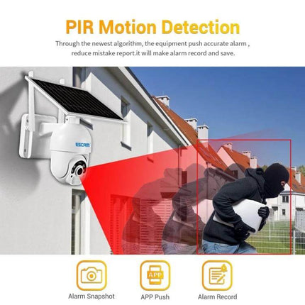 ESCAM Solar-Powered Outdoor IP Camera with Night Vision mounted on house showing PIR motion detection capturing a thief, solar panel visible
