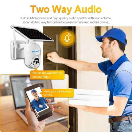 ESCAM Solar-Powered Outdoor IP Camera with Night Vision showing two-way audio alert to delivery person and mobile app communication
