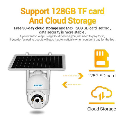 ESCAM Solar-Powered Outdoor IP Camera with Night Vision showing solar panel, 128GB TF/SD card support and cloud storage options