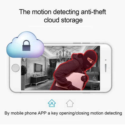 V380 360-Degree Rotatable Wireless Security Camera for Monitoring detecting motion and anti-theft cloud storage shown on mobile app