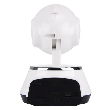 V380 360-Degree Rotatable Wireless Security Camera for Monitoring showing rear view of white camera base with ports and adjustable mount