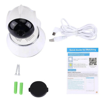 V380 360-Degree Rotatable Wireless Security Camera for Monitoring shown with USB cable, mounting screws, anchors and quick start guide