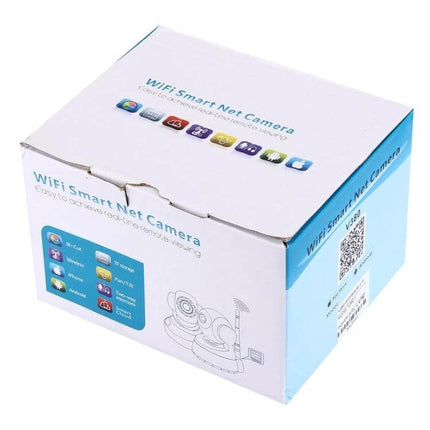 V380 360-Degree Rotatable Wireless Security Camera for Monitoring - white retail packaging box showing WiFi Smart Net Camera branding