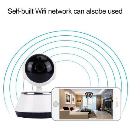 V380 360-Degree Rotatable Wireless Security Camera for Monitoring showing camera with mobile live-streaming home interior via WiFi