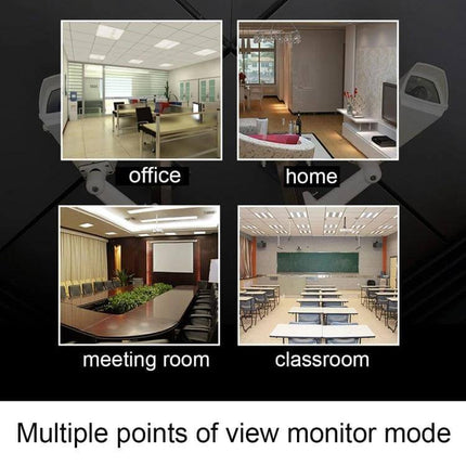 V380 360-Degree Rotatable Wireless Security Camera for Monitoring showing multiple points of view: office, home, meeting room, classroom