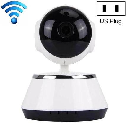 V380 360-Degree Rotatable Wireless Security Camera for Monitoring white indoor WiFi camera on table with US plug icon
