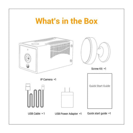 High-Definition Smart WiFi IP Camera for Home Monitoring with Night Vision - what's in the box showing IP camera, mount, USB cable, power adapter, screw kit, quick start guide