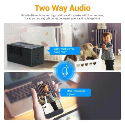 High-Definition Smart WiFi IP Camera for Home Monitoring with Night Vision showing two-way audio monitoring a toddler via mobile app