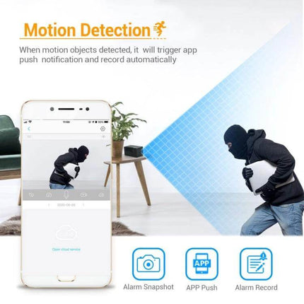 High-Definition Smart WiFi IP Camera for Home Monitoring with Night Vision showing motion detection alert on mobile app