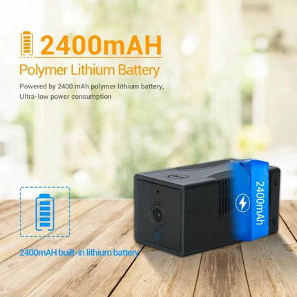 High-Definition Smart WiFi IP Camera for Home Monitoring with Night Vision showing 2400mAH polymer lithium battery and compact camera on wooden surface