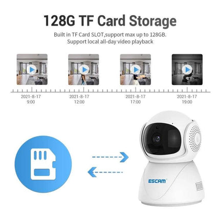 ESCAM Wireless IP Camera for Home Security with Night Vision showing 128G TF card storage, timeline playback thumbnails and camera unit