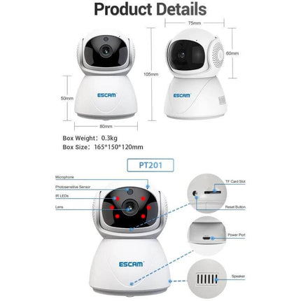 ESCAM Wireless IP Camera for Home Security with Night Vision white PT201 dome camera showing dimensions, lens, IR LEDs, TF card slot and ports