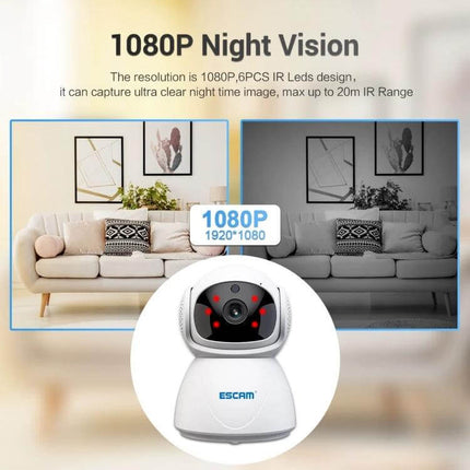 ESCAM Wireless IP Camera for Home Security with Night Vision showing 1080P daytime and night vision living room view