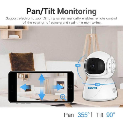 ESCAM Wireless IP Camera for Home Security with Night Vision showing pan 355° tilt 90° monitoring with mobile remote view