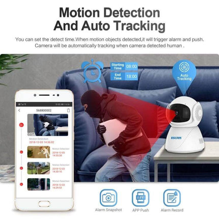 ESCAM Wireless IP Camera for Home Security with Night Vision detecting motion and auto-tracking a burglar with app alerts
