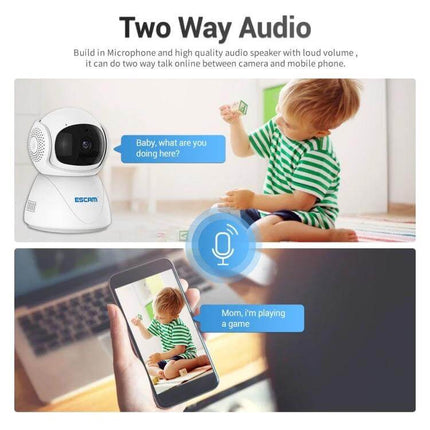 ESCAM Wireless IP Camera for Home Security with Night Vision two-way audio monitoring a toddler with mobile app notifications
