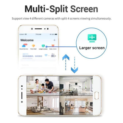ESCAM Wireless IP Camera for Home Security with Night Vision showing mobile app multi-split screen viewing four camera feeds
