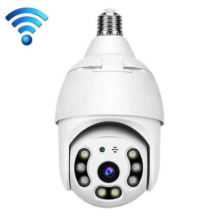 DP18 Smart Outdoor Light Bulb Security Camera for Home Monitoring showing white bulb camera with lens and LEDs for driveway and garden surveillance