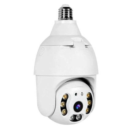 DP18 Smart Outdoor Light Bulb Security Camera for Home Monitoring showing white bulb camera with LED lights and lens for driveway and garden surveillance