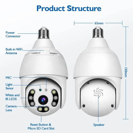 DP18 Smart Outdoor Light Bulb Security Camera for Home Monitoring showing product structure, labeled parts (lens, LEDs, mic, speaker, WiFi antenna)