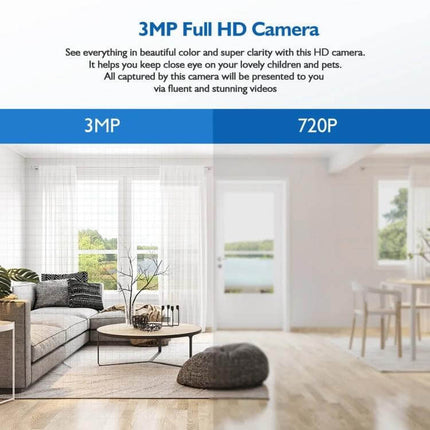 DP18 Smart Outdoor Light Bulb Security Camera for Home Monitoring showing 3MP vs 720P image quality comparison in a living room scene