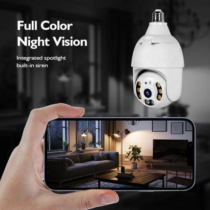 DP18 Smart Outdoor Light Bulb Security Camera for Home Monitoring showing full color night vision and mobile live view of a lit living room