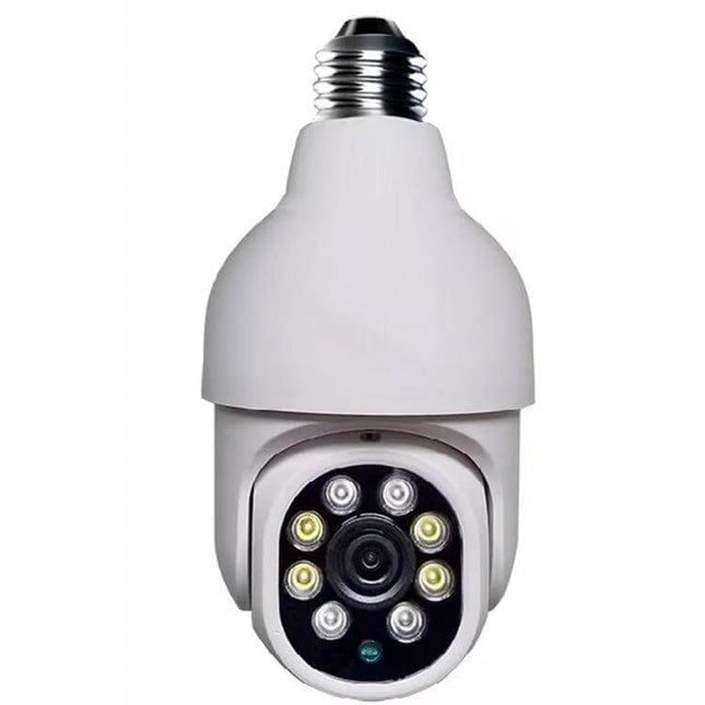 Smart Outdoor Light Bulb Camera with Night Vision and Motion Detection mounted bulb-style security camera showing LEDs and lens for outdoor monitoring