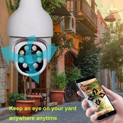 Smart Outdoor Light Bulb Camera with Night Vision and Motion Detection monitoring a garden with app remote view and motion detection