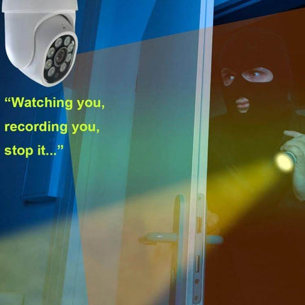 Smart Outdoor Light Bulb Camera with Night Vision and Motion Detection mounted outside doorway showing night view of masked intruder with flashlight