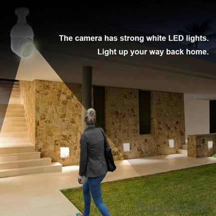 Smart Outdoor Light Bulb Camera with Night Vision and Motion Detection illuminating entryway with strong white LED light and motion-activated night monitoring