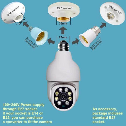 Smart Outdoor Light Bulb Camera with Night Vision and Motion Detection mounted in E27 socket showing converters and night-vision LEDs