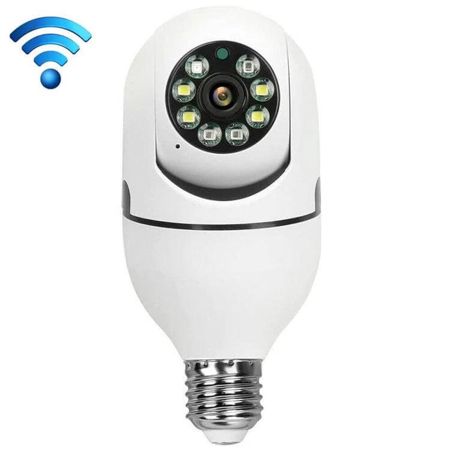 Smart Outdoor Light Bulb Camera for Home Security Monitoring — white Wi‑Fi bulb camera with LED lights and screw base for outdoor surveillance
