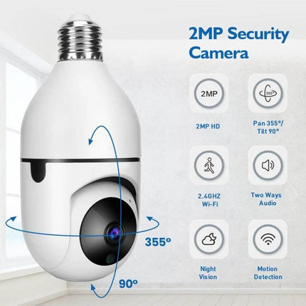 Smart Outdoor Light Bulb Camera for Home Security Monitoring — 2MP outdoor bulb camera with 355° pan, 90° tilt, night vision and motion detection